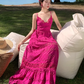 French retro heavy hollow flower embroidery design rose red suspender dress waist lace long skirt R0205