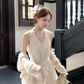 Apricot mid-length waist hollow embroidery polka dot dress summer French retro temperament skirt R4702