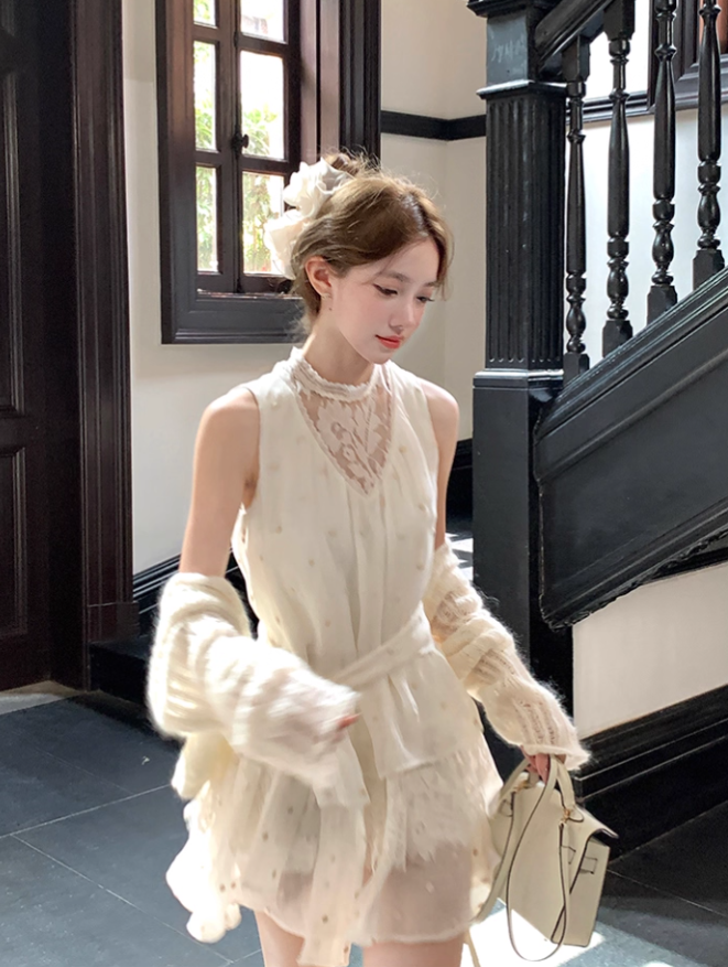 Apricot mid-length waist hollow embroidery polka dot dress summer French retro temperament skirt R4702