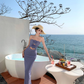 French holiday style purple flower hollow design tube top dress female seaside holiday sexy long dress R0305