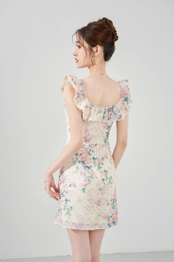 Niche design dress new summer French temperament waist slim sleeveless printed skirt R4297