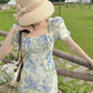 French fresh pastoral style temperament slim print fairy atmosphere floral ruffle dress R1430