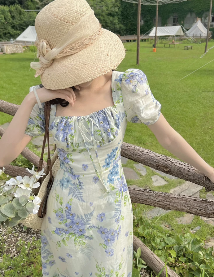 French fresh pastoral style temperament slim print fairy atmosphere floral ruffle dress R1430