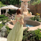 Green long waist square collar short sleeve dress summer French retro a-line high-end skirt R4704
