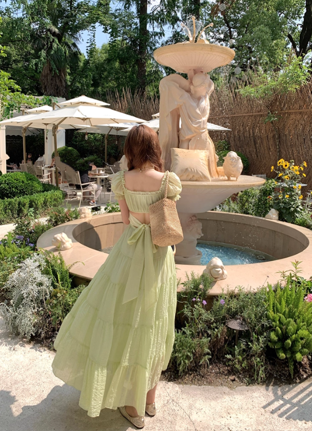 Green long waist square collar short sleeve dress summer French retro a-line high-end skirt R4704