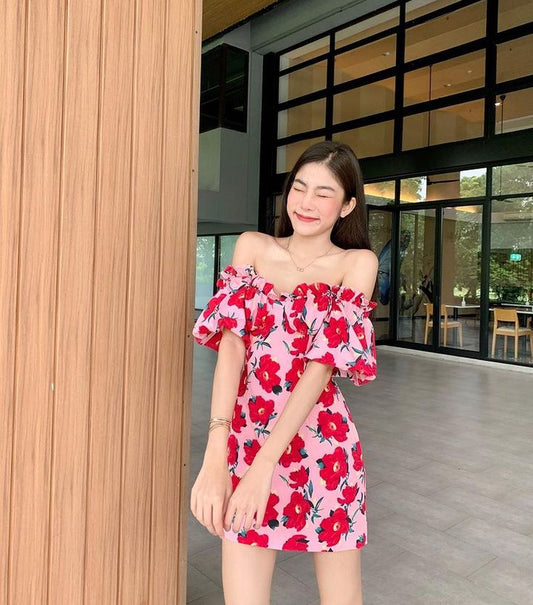 Bright red flower print one-shoulder slim waist short skirt homecoming dress R3259