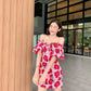 Bright red flower print one-shoulder slim waist short skirt homecoming dress R3259