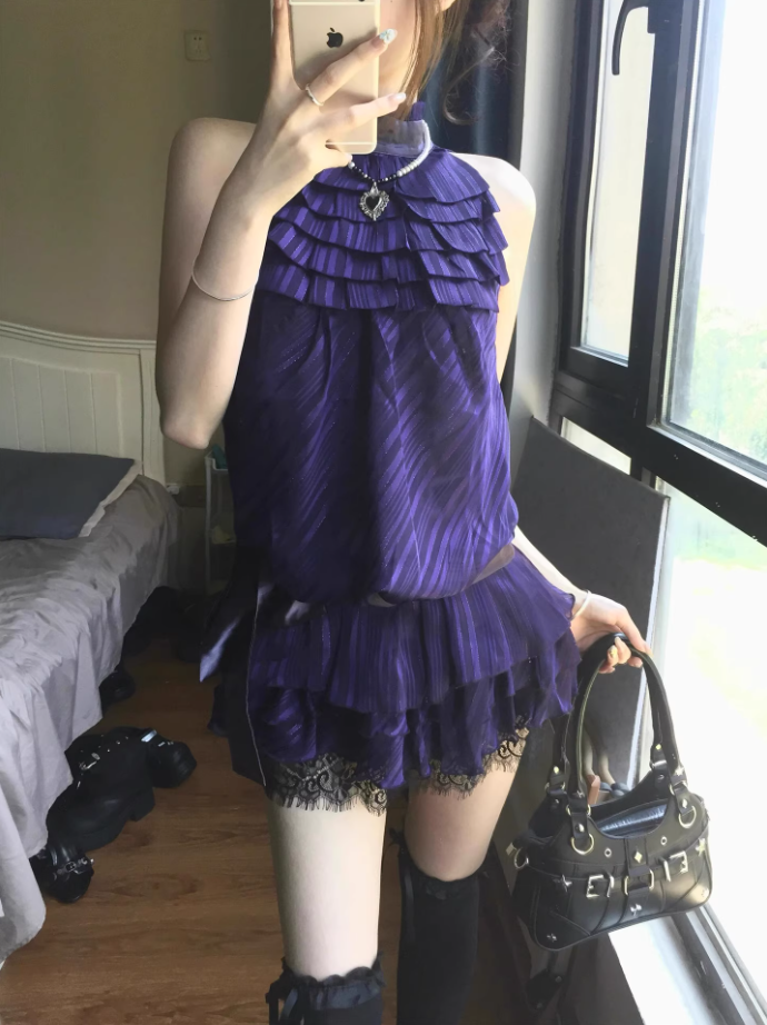 French purple satin lace halter neck dress for women summer beautiful waist cake short skirt R3594