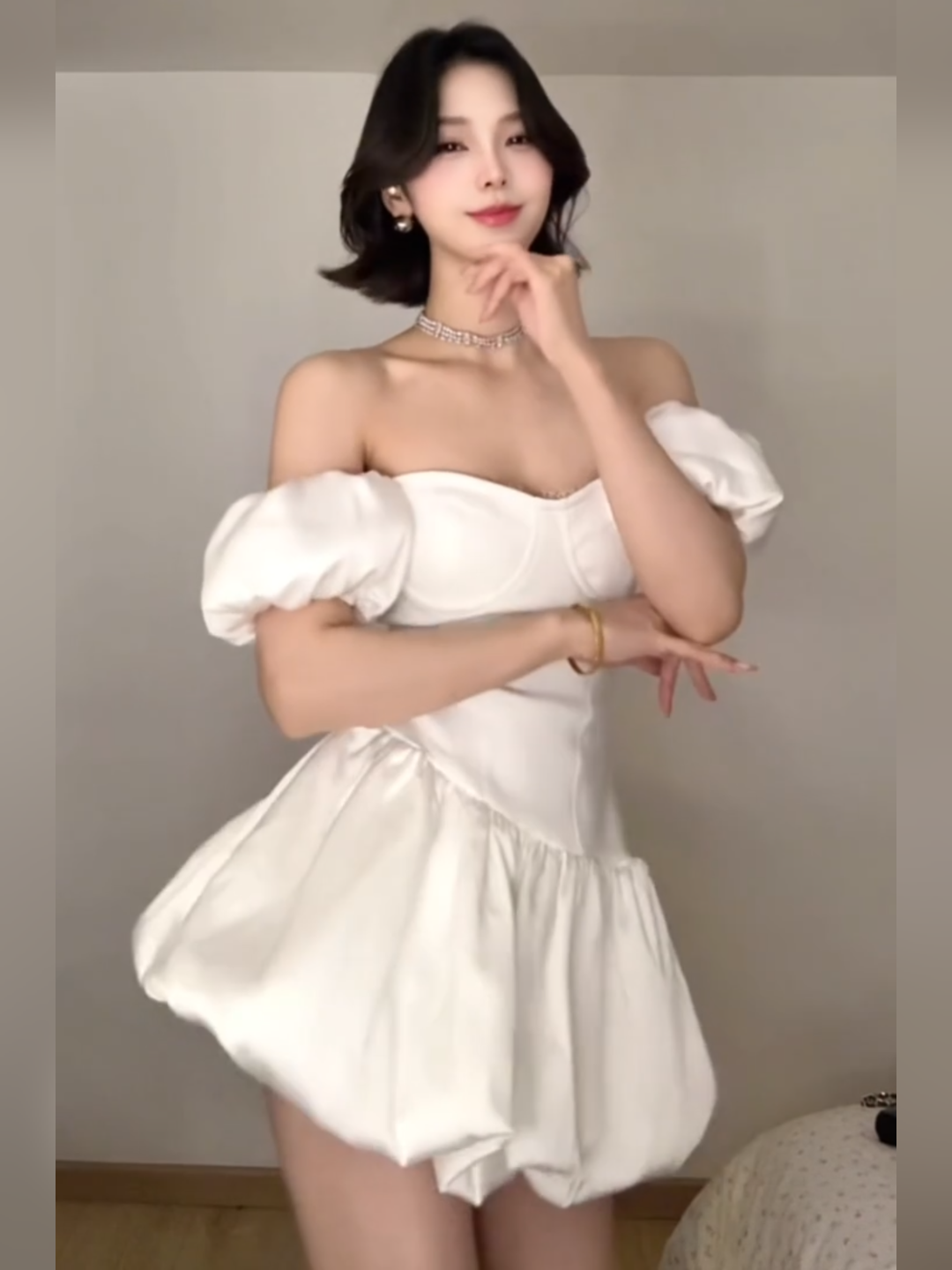 French style white one shoulder dress female temperament waist princess flower bud puffy skirt R3595