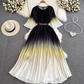 Light mature style celebrity temperament waist slimming A-line large swing printed pleated dress R0307