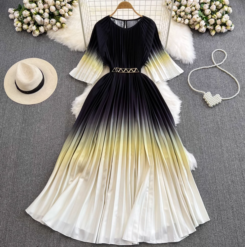 Light mature style celebrity temperament waist slimming A-line large swing printed pleated dress R0307