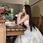 Platycodon temperament floral suspender skirt super beautiful waist dress R0701