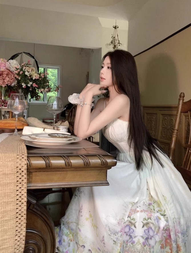 Platycodon temperament floral suspender skirt super beautiful waist dress R0701