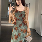 French style retro green printed dress with slim waist and suspenders long dress with lace cardigan R1695
