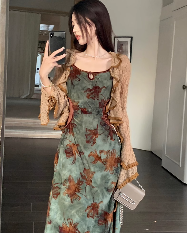 French style retro green printed dress with slim waist and suspenders long dress with lace cardigan R1695