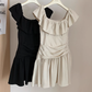Pleated age-reducing one-shoulder flying sleeves two-way dress R2093