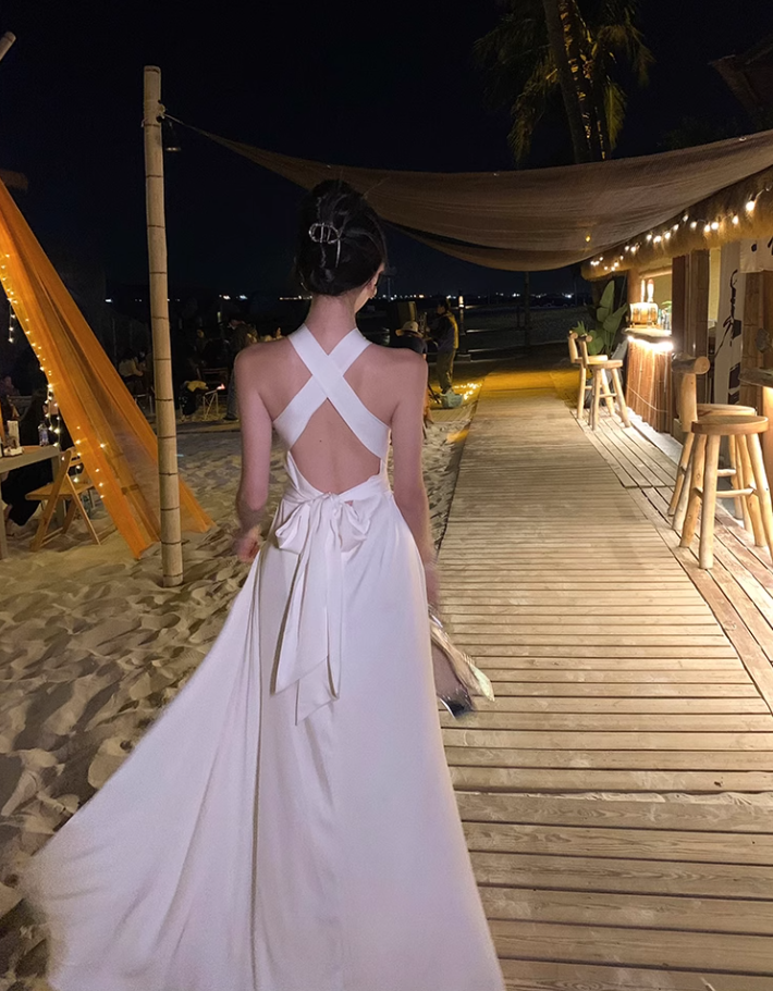 French halter neck slit satin dress backless sexy dress banquet temperament long dress R1617