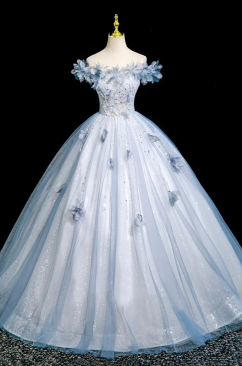 Elegant Pale Blue Beaded Ball Gown Bateau Applique Corset Maxi Evening Dress Quinceanera Dress RS587