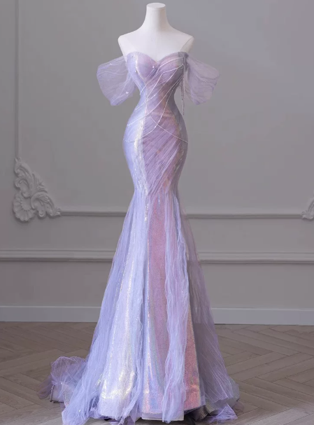 Mermaid Tulle Glitter Bodycon Prom Gown , Lavender Women's Maxi Evening Dress Ball Gown RS2425