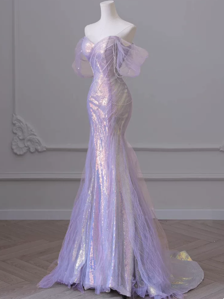 Mermaid Tulle Glitter Bodycon Prom Gown , Lavender Women's Maxi Evening Dress Ball Gown RS2425