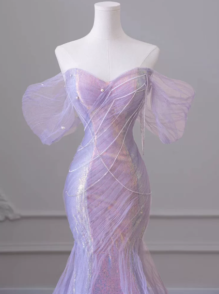 Mermaid Tulle Glitter Bodycon Prom Gown , Lavender Women's Maxi Evening Dress Ball Gown RS2425