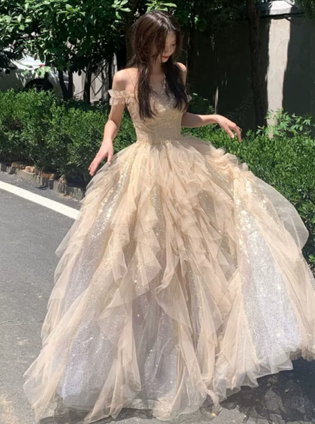 Glitter Champagne Prom Dress ,A-Line Off-the-shoulder Tulle Corset Maxi Evening Dress RS935
