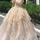 Glitter Champagne Prom Dress ,A-Line Off-the-shoulder Tulle Corset Maxi Evening Dress RS935