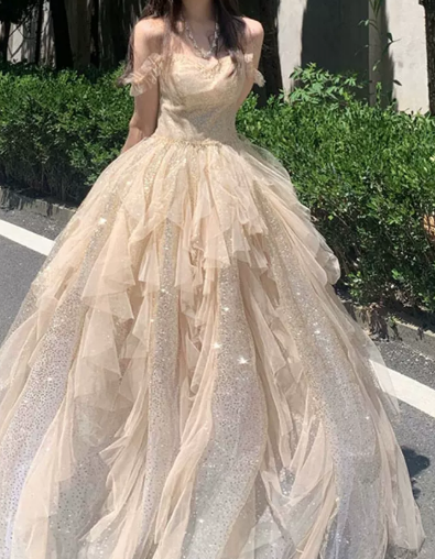 Glitter Champagne Prom Dress ,A-Line Off-the-shoulder Tulle Corset Maxi Evening Dress RS935