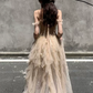 Glitter Champagne Prom Dress ,A-Line Off-the-shoulder Tulle Corset Maxi Evening Dress RS935