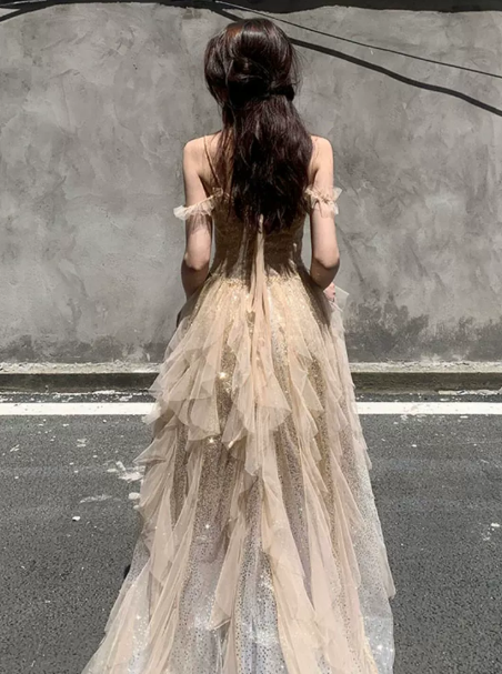 Glitter Champagne Prom Dress ,A-Line Off-the-shoulder Tulle Corset Maxi Evening Dress RS935