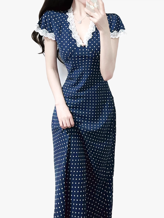2025 Summer New Blue Polka Dot French V-neck Retro Temperament Long Dress R0947
