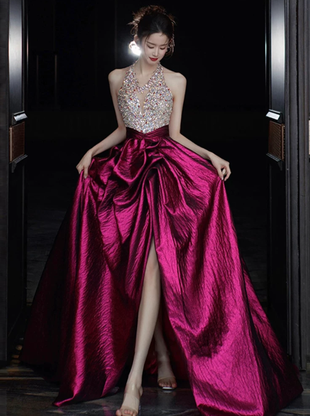 Glitter Beaded Prom Dress ,A-Line V-neck Contrast Satin Corset Maxi Evening Dress RS936
