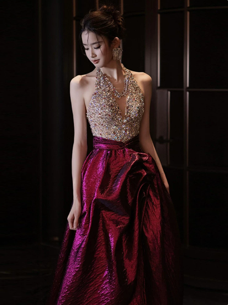 Glitter Beaded Prom Dress ,A-Line V-neck Contrast Satin Corset Maxi Evening Dress RS936