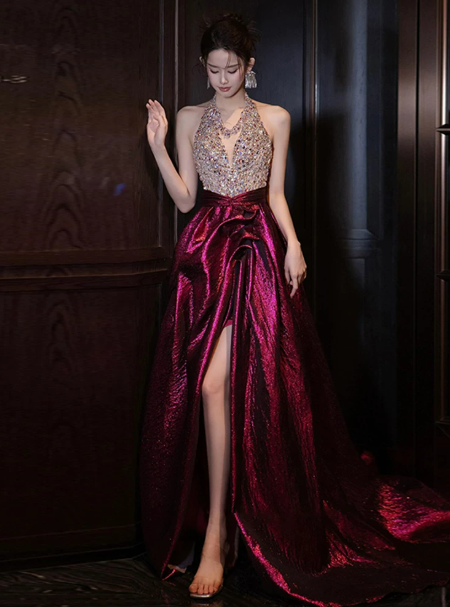 Glitter Beaded Prom Dress ,A-Line V-neck Contrast Satin Corset Maxi Evening Dress RS936