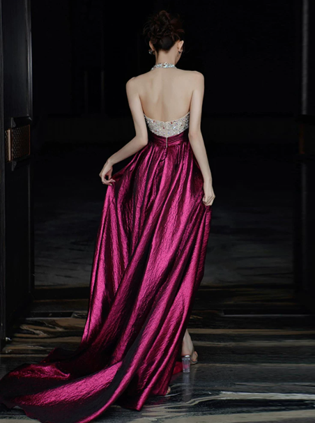 Glitter Beaded Prom Dress ,A-Line V-neck Contrast Satin Corset Maxi Evening Dress RS936