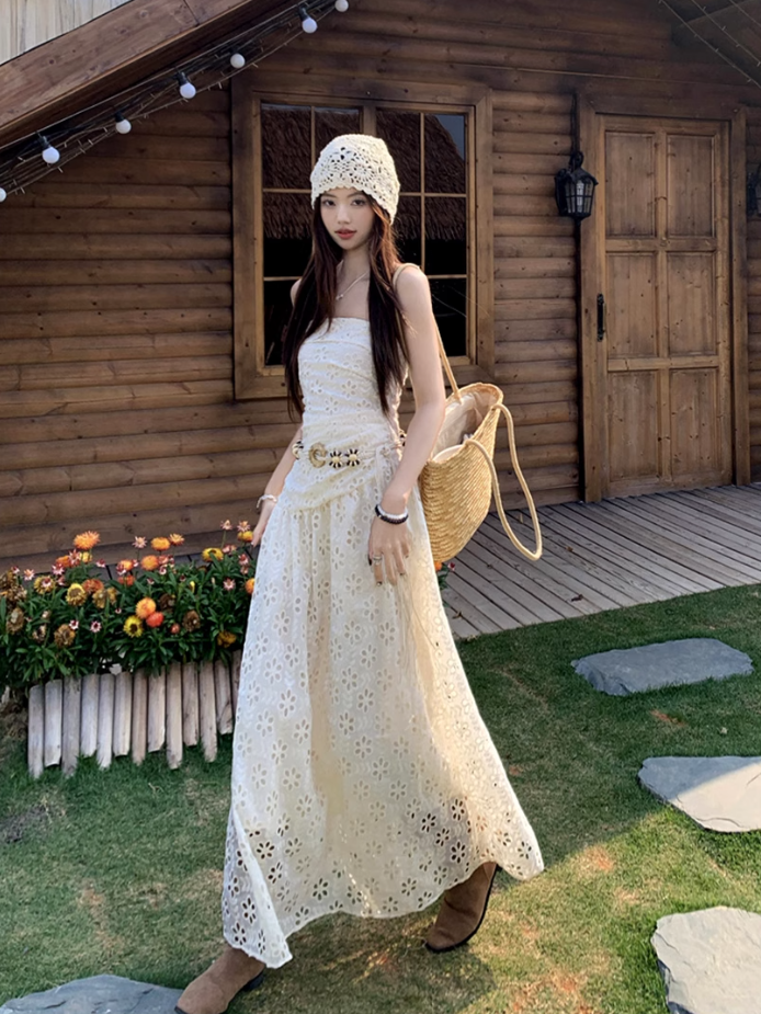 Gentle white moonlight dress hollow embroidery unique waist skirt wear tube top skirt R1704