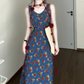 Retro V-neck floral suspender dress high-end waist temperament long skirt R0772