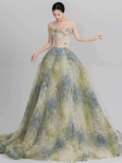 French Chic Floral Celebrity Dress ,A-Line Strapless Applique Tulle Corset Maxi Evening Dress RS937