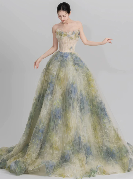 French Chic Floral Celebrity Dress ,A-Line Strapless Applique Tulle Corset Maxi Evening Dress RS937