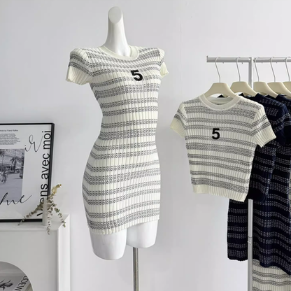 Round neck striped knitted dress for women 2025 summer small fragrance style medium long skirt R0288