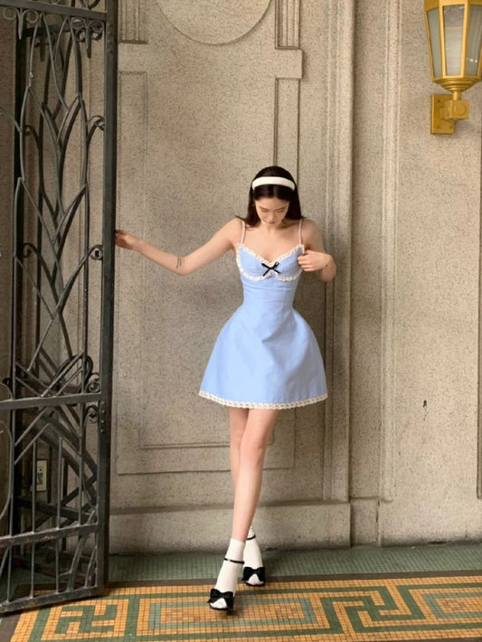 Blue suspenders waist slim princess skirt homecoming dress R3697