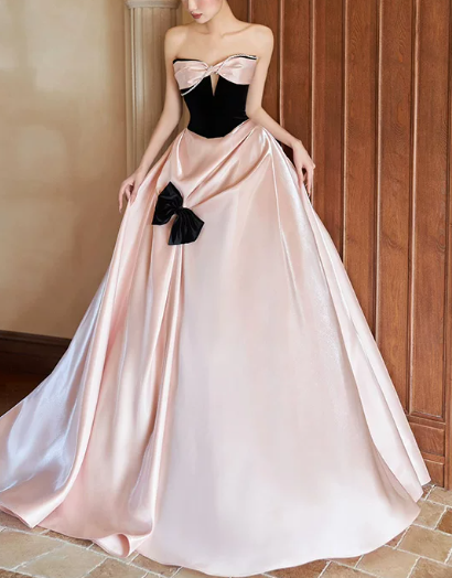 Charming Pink Birthday Dress ,A-Line Strapless Contrast Satin Corset Maxi Evening Dress RS938