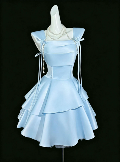 Charming Corset Homecoming Dress ,A-Line Square Satin Tiered Short Prom Dress RS939