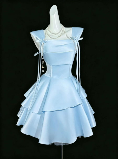 Charming Corset Homecoming Dress ,A-Line Square Satin Tiered Short Prom Dress RS939