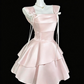 Charming Corset Homecoming Dress ,A-Line Square Satin Tiered Short Prom Dress RS939
