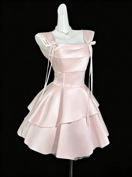 Charming Corset Homecoming Dress ,A-Line Square Satin Tiered Short Prom Dress RS939