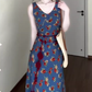 Retro V-neck floral suspender dress high-end waist temperament long skirt R0772