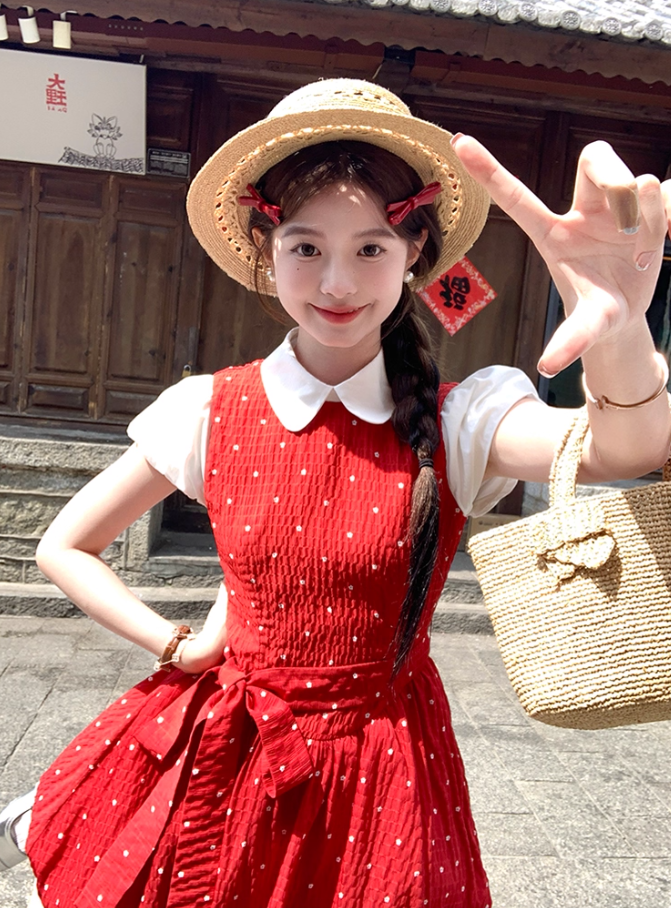 Red doll collar polka dot short-sleeved dress women's summer temperament skirt R4620