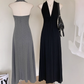 Black V-neck halter dress long skirt twist waist backless temperament A-line skirt R2089