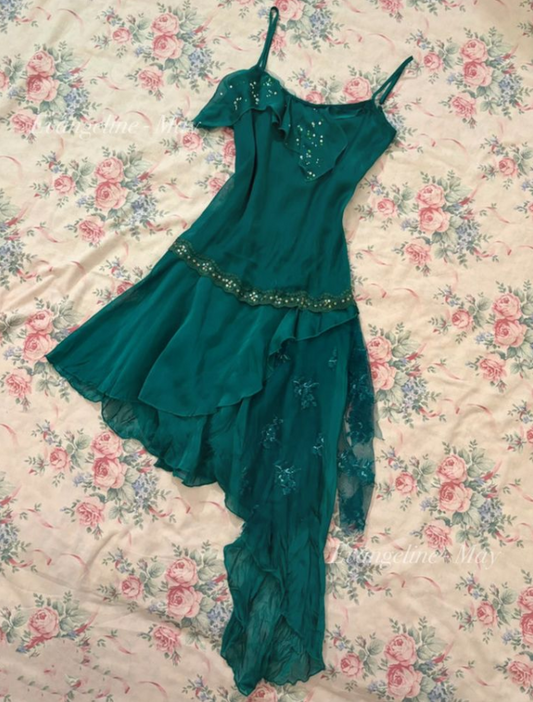 Flowy Green Homecoming Dress ,A-Line Spaghetti Straps Asymmetrical Hem Short Prom Dress RS942